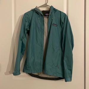 Teal Patagonia rain jacket